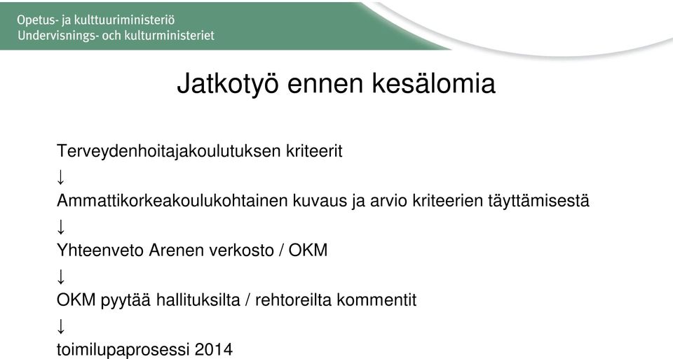 kriteerien täyttämisestä Yhteenveto Arenen verkosto / OKM