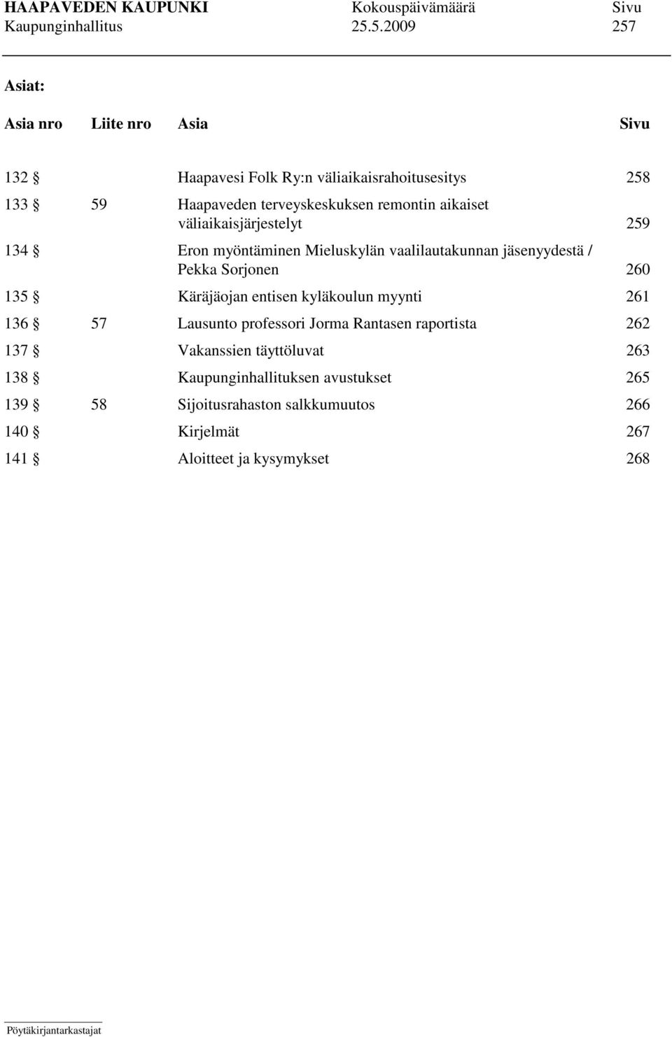 remontin aikaiset väliaikaisjärjestelyt 259 134 Eron myöntäminen Mieluskylän vaalilautakunnan jäsenyydestä / Pekka Sorjonen 260 135