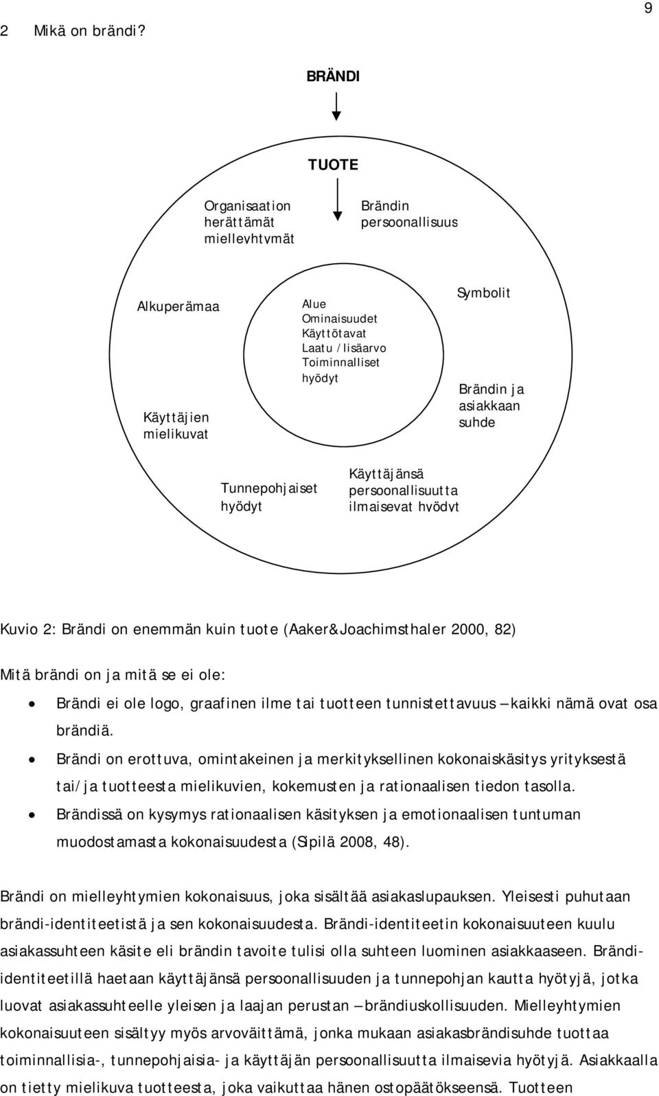 asiakkaan suhde Tunnepohjaiset hyödyt Käyttäjänsä persoonallisuutta ilmaisevat hyödyt Kuvio 2: Brändi on enemmän kuin tuote (Aaker&Joachimsthaler 2000, 82) Mitä brändi on ja mitä se ei ole: Brändi ei