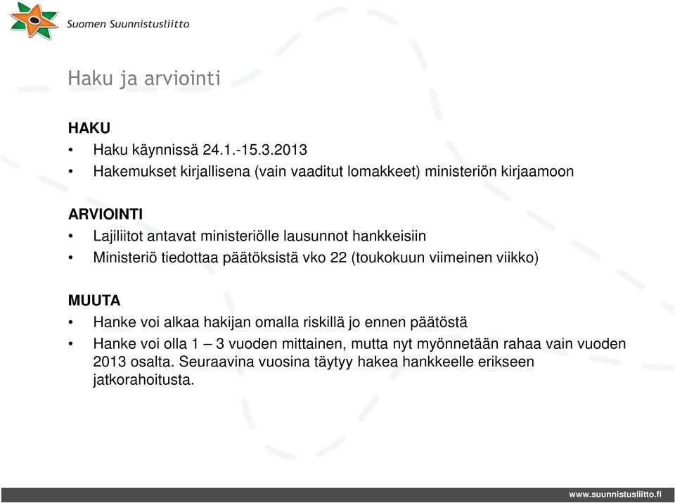 lausunnot hankkeisiin Ministeriö tiedottaa päätöksistä vko 22 (toukokuun viimeinen viikko) MUUTA Hanke voi alkaa hakijan