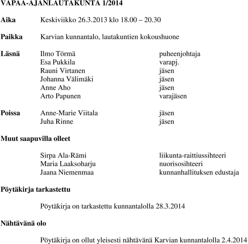 Rauni Virtanen jäsen Johanna Välimäki jäsen Anne Aho jäsen Arto Papunen varajäsen Poissa Anne-Marie Viitala jäsen Juha Rinne jäsen Muut saapuvilla