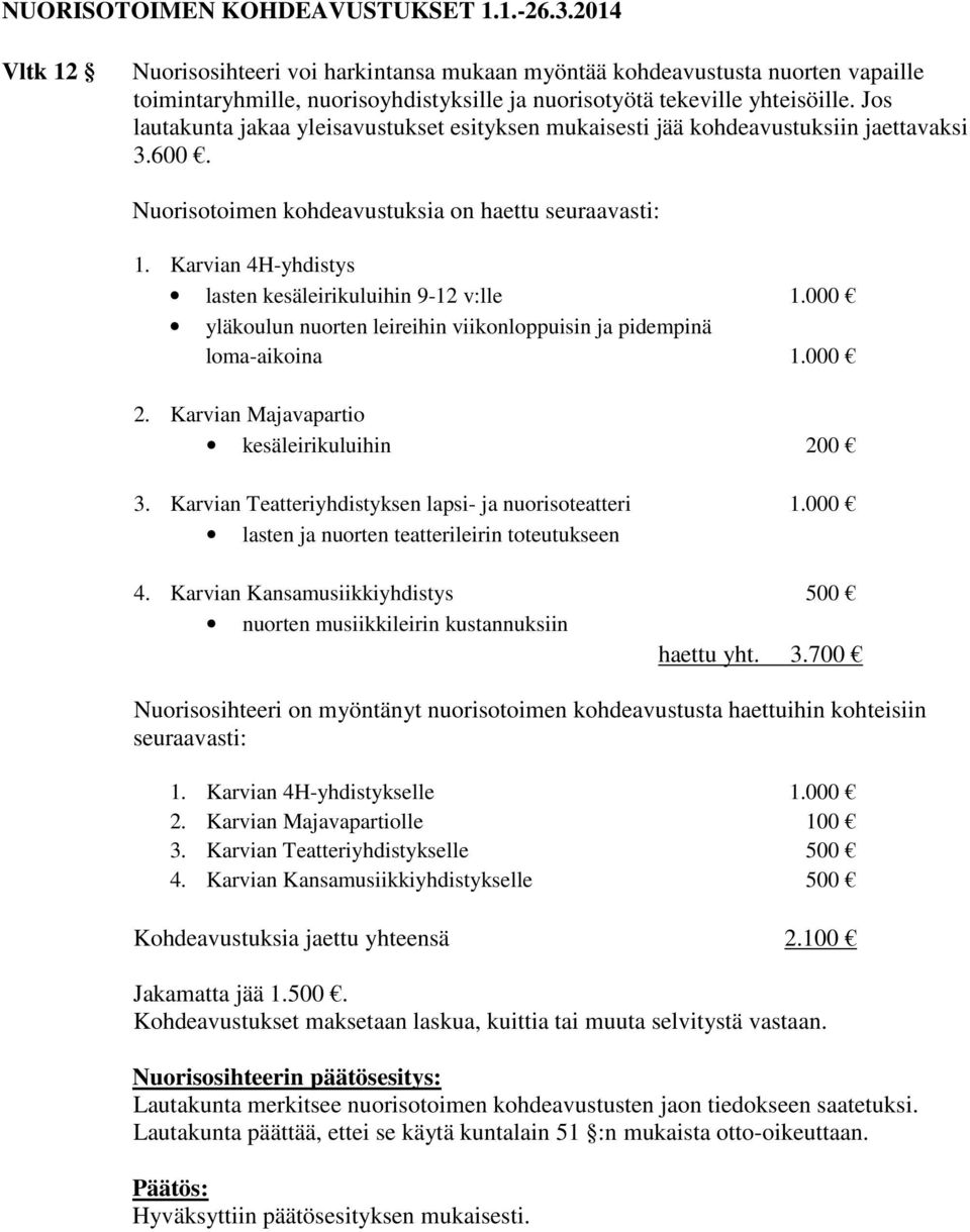 Jos lautakunta jakaa yleisavustukset esityksen mukaisesti jää kohdeavustuksiin jaettavaksi 3.600. Nuorisotoimen kohdeavustuksia on haettu seuraavasti: 1.