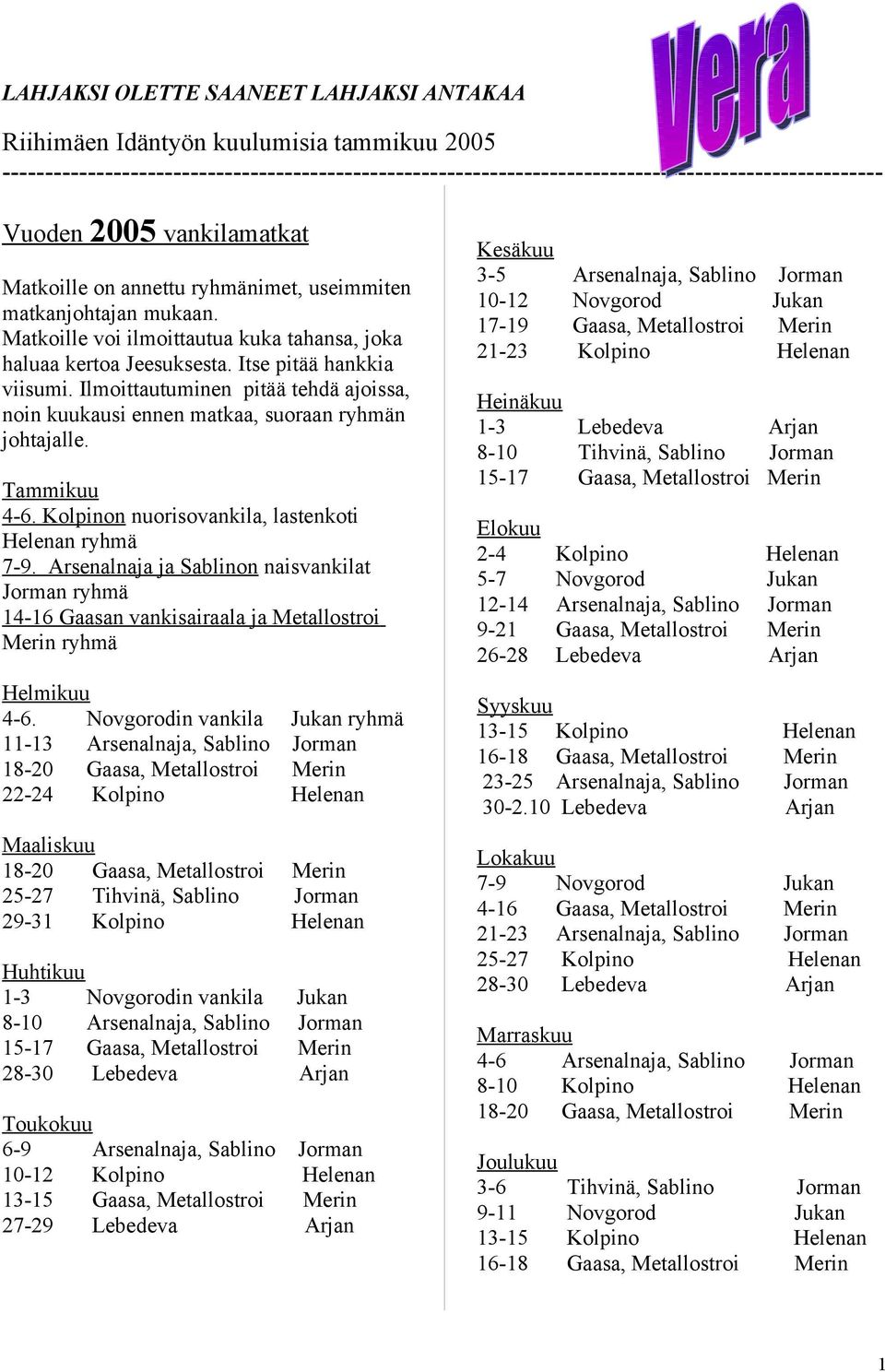 Ilmoittautuminen pitää tehdä ajoissa, noin kuukausi ennen matkaa, suoraan ryhmän johtajalle. Tammikuu 4-6. Kolpinon nuorisovankila, lastenkoti Helenan ryhmä 7-9.