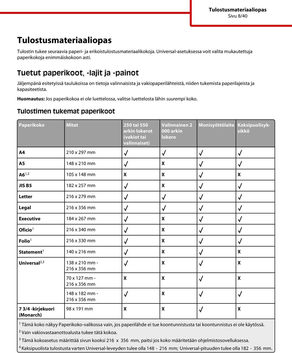 Tuetut paperikoot, -lajit ja -painot Jäljempänä esitetyissä taulukoissa on tietoja valinnaisista ja vakiopaperilähteistä, niiden tukemista paperilajeista ja kapasiteetista.