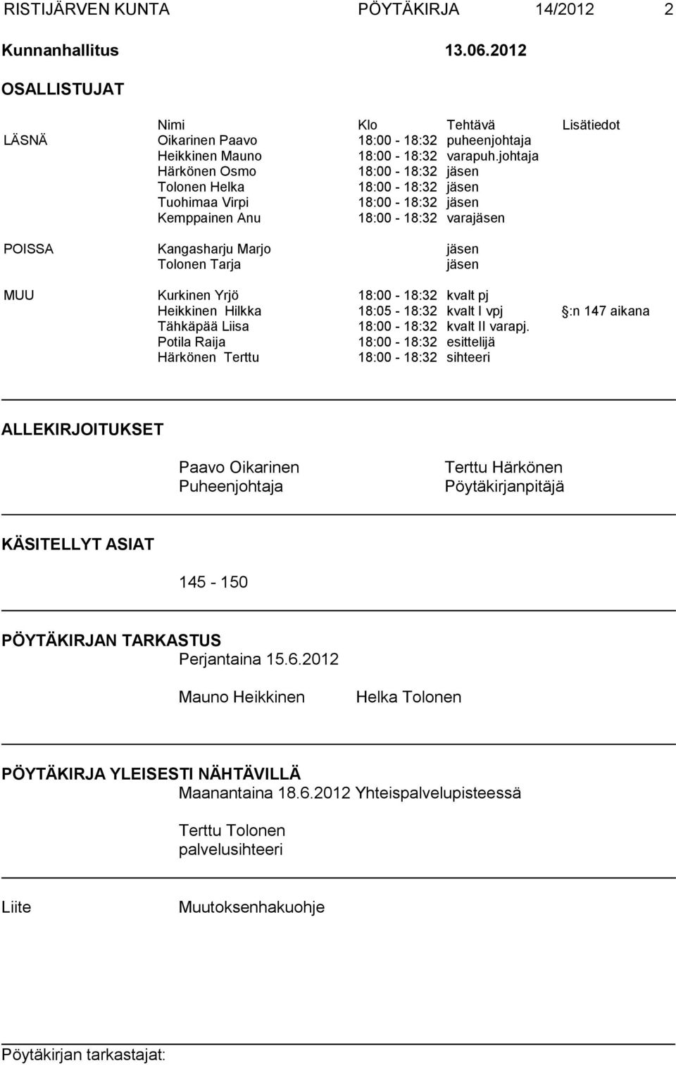 Kurkinen Yrjö 18:00-18:32 kvalt pj Heikkinen Hilkka 18:05-18:32 kvalt I vpj :n 147 aikana Tähkäpää Liisa 18:00-18:32 kvalt II varapj.