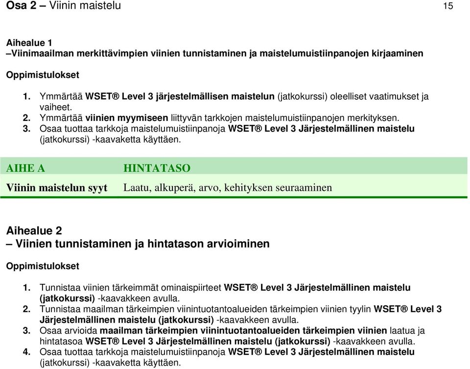 AIHE A Viinin maistelun syyt HINTATASO Laatu, alkuperä, arvo, kehityksen seuraaminen Aihealue 2 Viinien tunnistaminen ja hintatason arvioiminen Oppimistulokset 1.