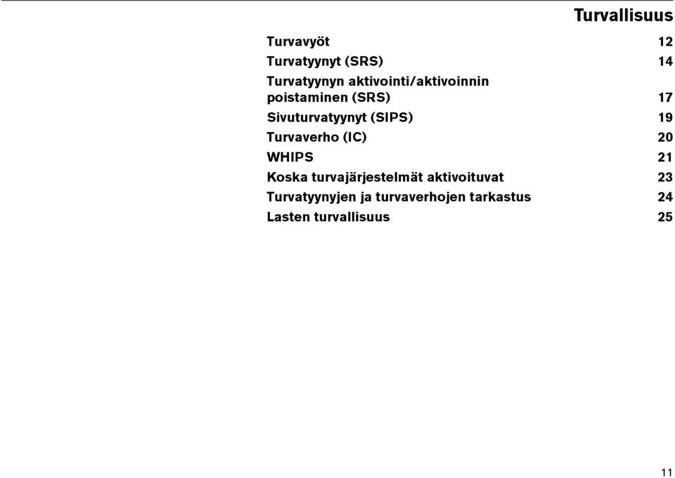 19 Turvaverho (IC) 20 WHIPS 21 Koska turvajärjestelmät