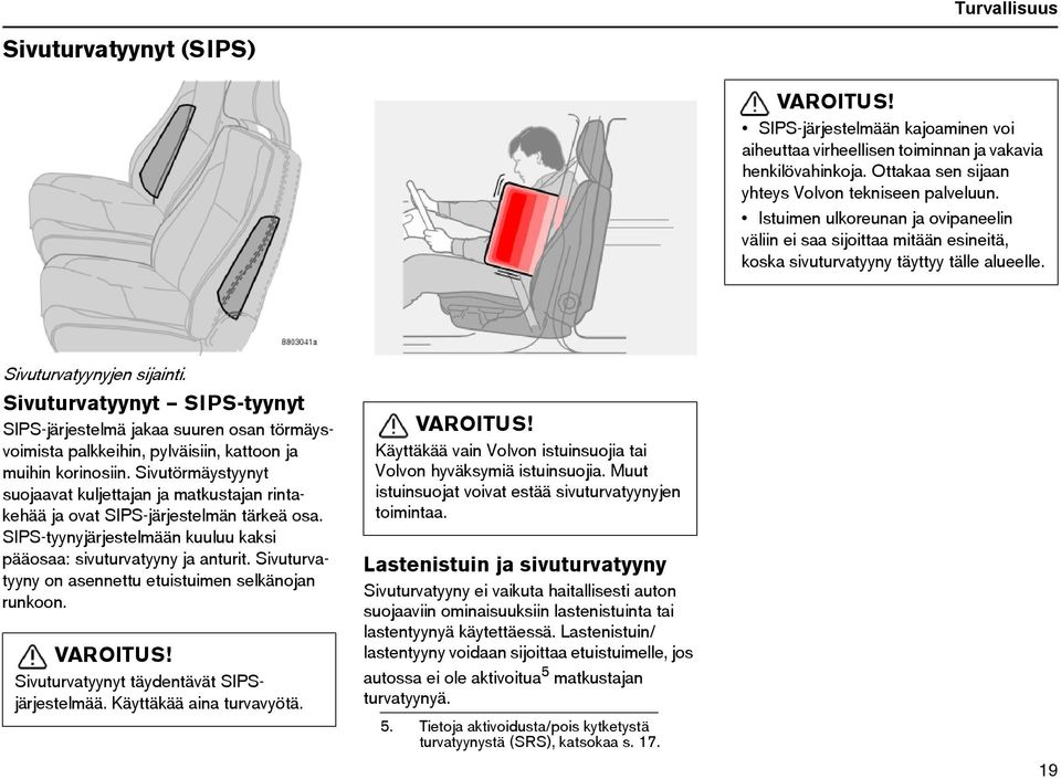 Sivuturvatyynyt SIPS-tyynyt SIPS-järjestelmä jakaa suuren osan törmäysvoimista palkkeihin, pylväisiin, kattoon ja muihin korinosiin.