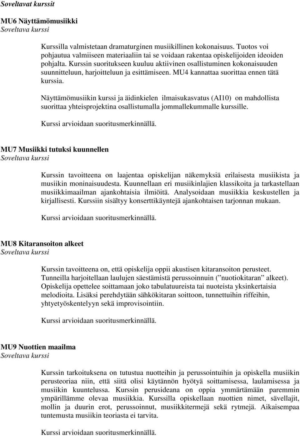 Kurssin suoritukseen kuuluu aktiivinen osallistuminen kokonaisuuden suunnitteluun, harjoitteluun ja esittämiseen. MU4 kannattaa suorittaa ennen tätä kurssia.