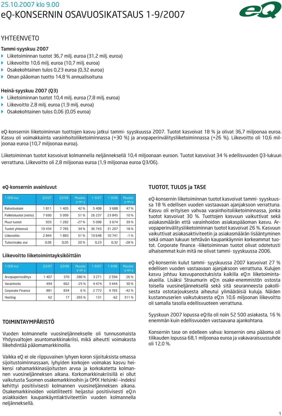 euroa) } Liikevoitto 2,8 milj. euroa (1,9 milj. euroa) } Osakekohtainen tulos 0,06 (0,05 euroa) eq-konsernin liiketoiminnan tuottojen kasvu jatkui tammi- syyskuussa 2007.