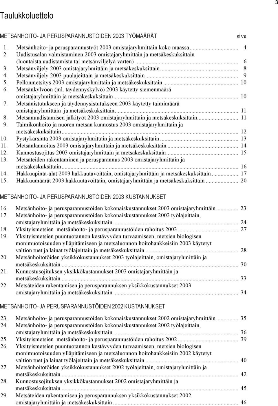 Metsänviljely 2003 puulajeittain ja metsäkeskuksittain... 9 5. Pellonmetsitys 2003 omistajaryhmittäin ja metsäkeskuksittain... 10 6. Metsänkylvöön (ml.