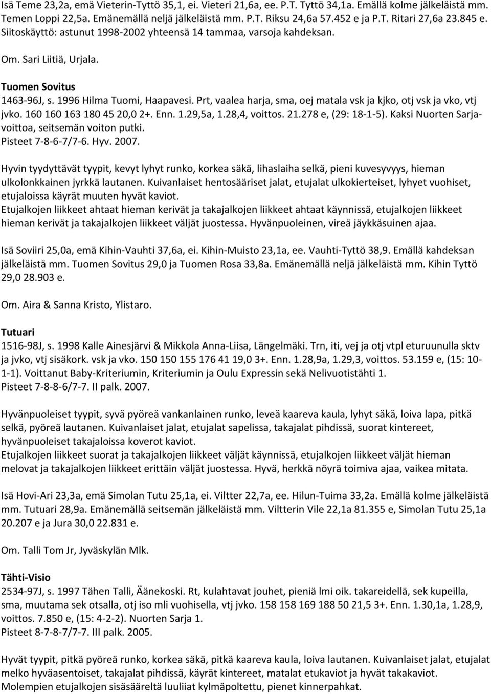 Prt, vaalea harja, sma, oej matala vsk ja kjko, otj vsk ja vko, vtj jvko. 160 160 163 180 45 20,0 2+. Enn. 1.29,5a, 1.28,4, voittos. 21.278 e, (29: 18 1 5).