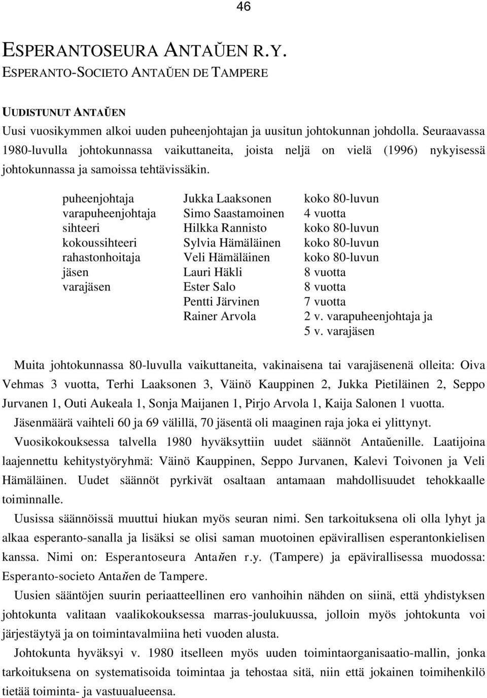 puheenjohtaja Jukka Laaksonen koko 80-luvun varapuheenjohtaja Simo Saastamoinen 4 vuotta sihteeri Hilkka Rannisto koko 80-luvun kokoussihteeri Sylvia Hämäläinen koko 80-luvun rahastonhoitaja Veli