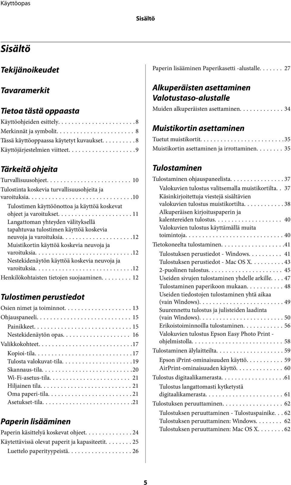 ..11 Langattoman yhteyden välityksellä tapahtuvaa tulostimen käyttöä koskevia neuvoja ja varoituksia...12 Muistikortin käyttöä koskevia neuvoja ja varoituksia.
