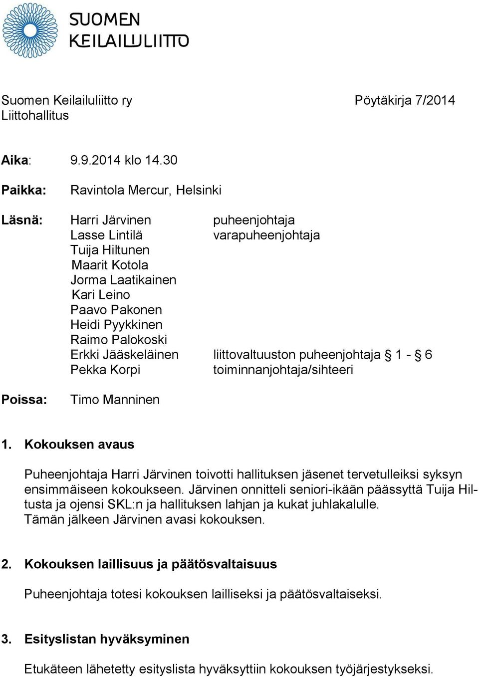 Palokoski Erkki Jääskeläinen liittovaltuuston puheenjohtaja 1-6 Pekka Korpi toiminnanjohtaja/sihteeri Poissa: Timo Manninen 1.