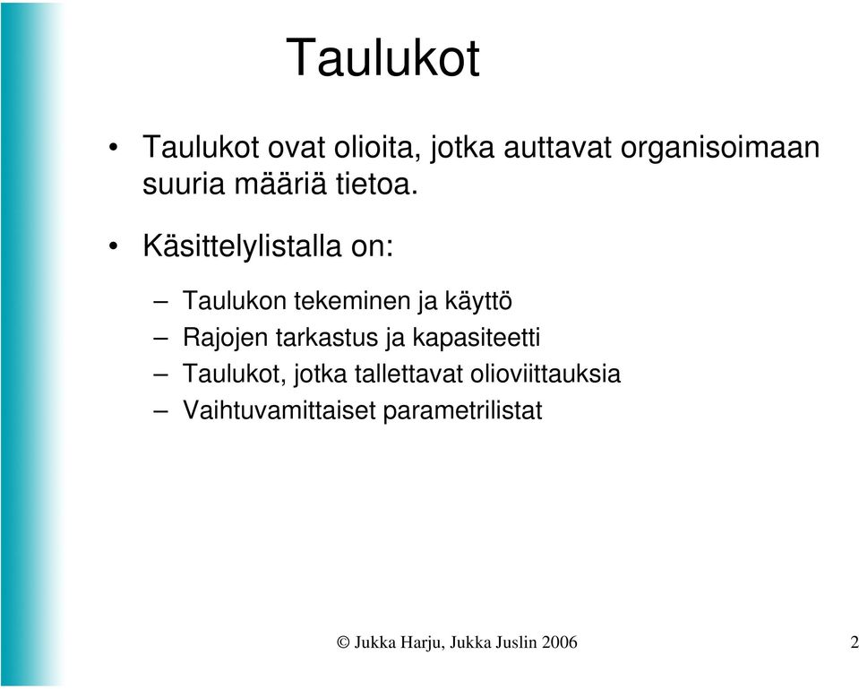 Käsittelylistalla on: Taulukon tekeminen ja käyttö Rajojen tarkastus