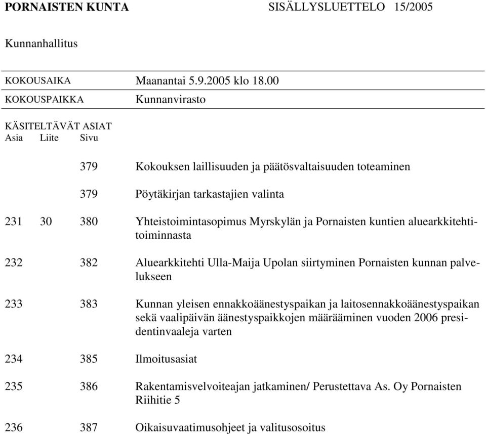 Yhteistoimintasopimus Myrskylän ja Pornaisten kuntien aluearkkitehtitoiminnasta 232 382 Aluearkkitehti Ulla-Maija Upolan siirtyminen Pornaisten kunnan palvelukseen 233 383 Kunnan yleisen