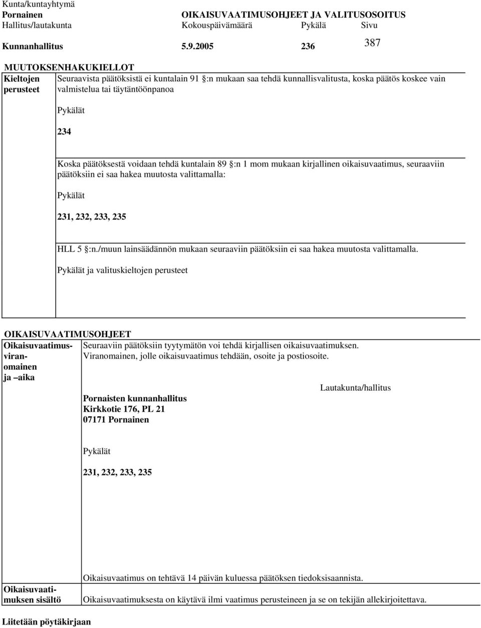 Koska päätöksestä voidaan tehdä kuntalain 89 :n 1 mom mukaan kirjallinen oikaisuvaatimus, seuraaviin päätöksiin ei saa hakea muutosta valittamalla: 231, 232, 233, 235 HLL 5 :n.