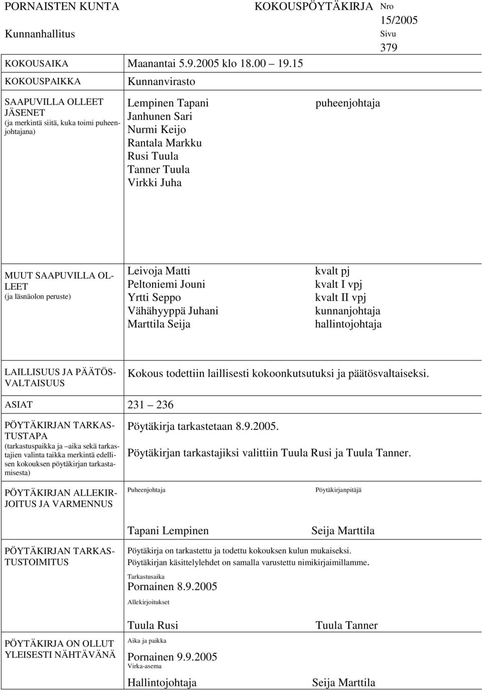 KOKOUSPÖYTÄKIRJA Nro 15/2005 puheenjohtaja Sivu 379 MUUT SAAPUVILLA OL- LEET (ja läsnäolon peruste) Leivoja Matti Peltoniemi Jouni Yrtti Seppo Vähähyyppä Juhani Marttila Seija kvalt pj kvalt I vpj