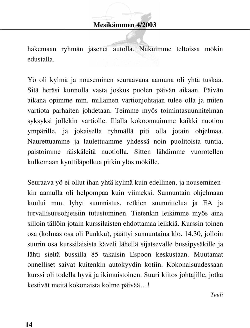 Illalla kokoonnuimme kaikki nuotion ympärille, ja jokaisella ryhmällä piti olla jotain ohjelmaa. Naurettuamme ja laulettuamme yhdessä noin puolitoista tuntia, paistoimme räiskäleitä nuotiolla.