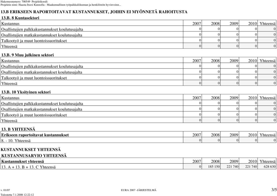 9 Muu julkinen sektori Kustannus 2007 2008 2009 2010 Yhteensä Osallistujien palkkakustannukset koulutusajalta 0 0 0 0 0  10 Yksityinen sektori Kustannus 2007 2008 2009 2010 Yhteensä Osallistujien