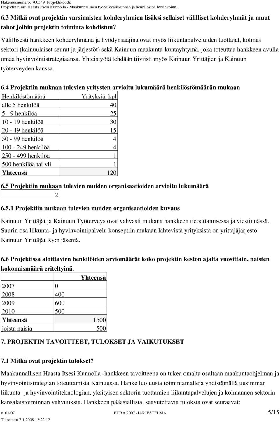 hankkeen avulla omaa hyvinvointistrategiaansa. Yhteistyötä tehdään tiiviisti myös Kainuun Yrittäjien ja Kainuun työterveyden kanssa. 6.