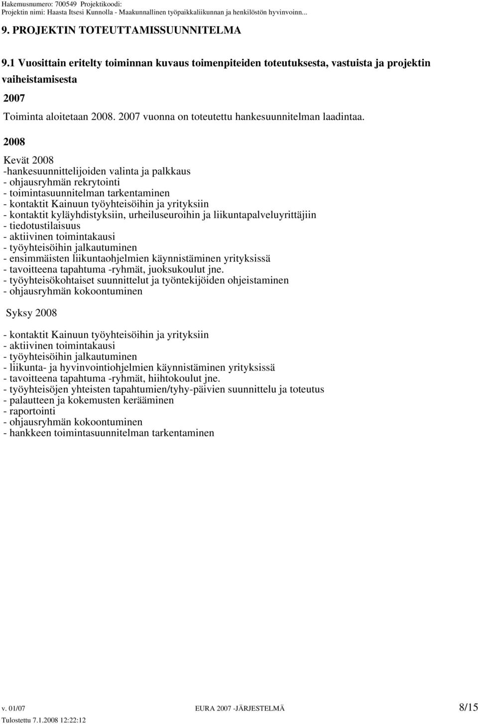 2008 Kevät 2008 -hankesuunnittelijoiden valinta ja palkkaus - ohjausryhmän rekrytointi - toimintasuunnitelman tarkentaminen - kontaktit Kainuun työyhteisöihin ja yrityksiin - kontaktit