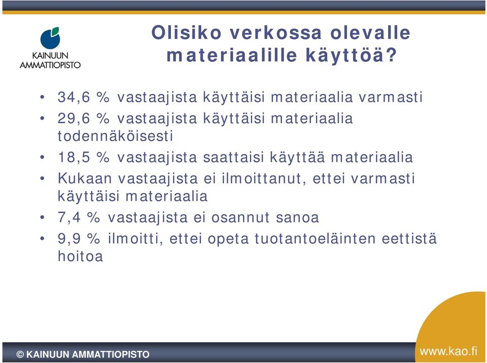 todennäköisesti 18,5 % vastaajista saattaisi käyttää materiaalia Kukaan vastaajista ei