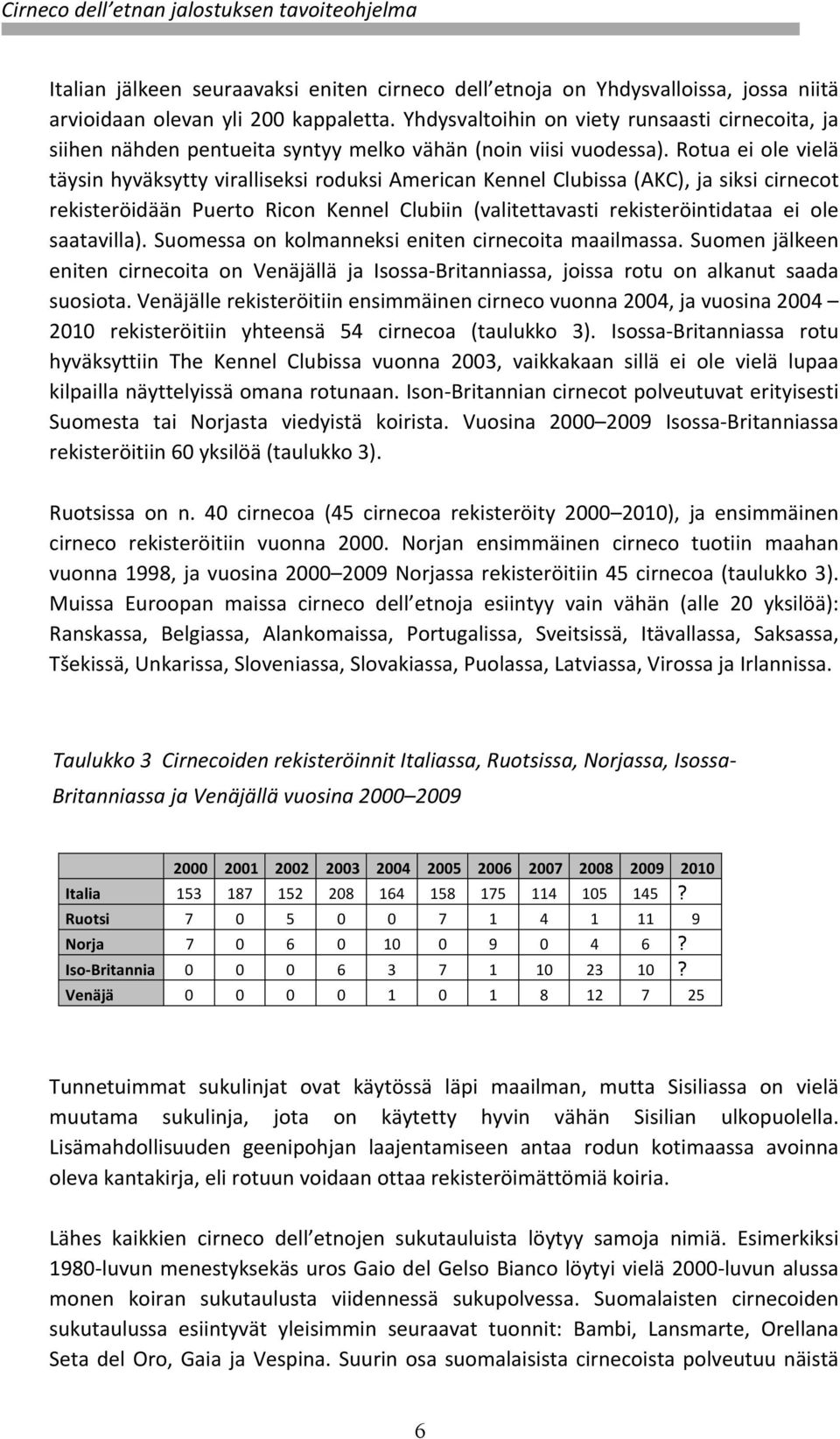 Rotua ei ole vielä täysin hyväksytty viralliseksi roduksi American Kennel Clubissa (AKC), ja siksi cirnecot rekisteröidään Puerto Ricon Kennel Clubiin (valitettavasti rekisteröintidataa ei ole