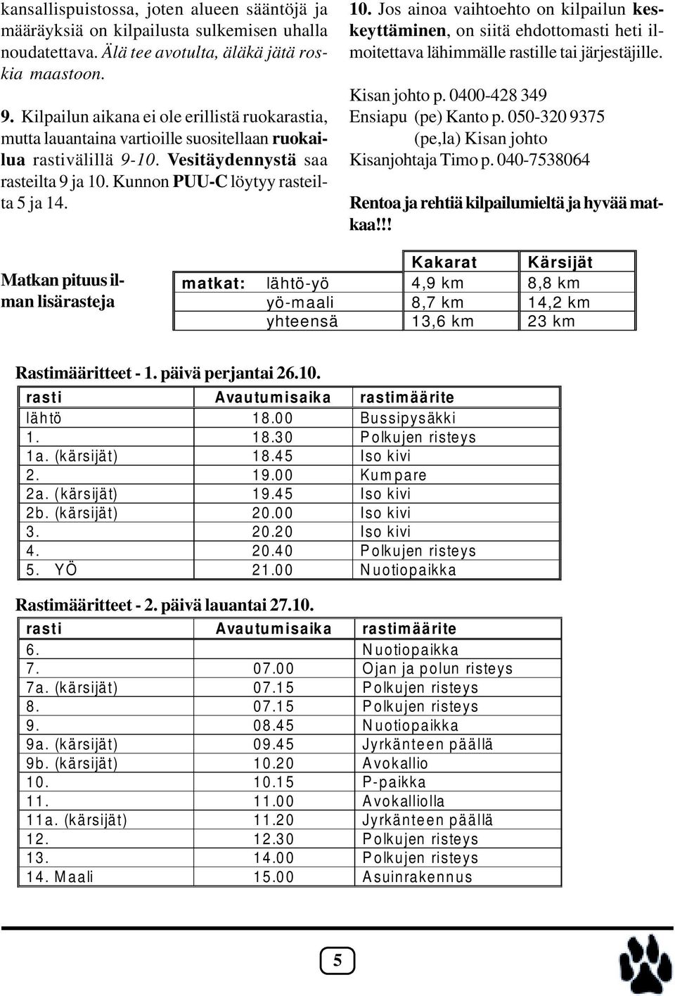 Kunnon PUU-C löytyy rasteilta 5 ja 14. 10. Jos ainoa vaihtoehto on kilpailun keskeyttäminen, on siitä ehdottomasti heti ilmoitettava lähimmälle rastille tai järjestäjille. Kisan johto p.