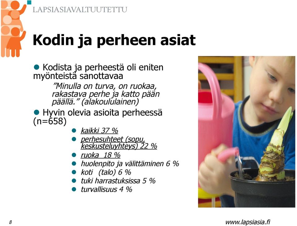 (alakoululainen) Hyvin olevia asioita perheessä (n=658) kaikki 37 % perhesuhteet (sopu,