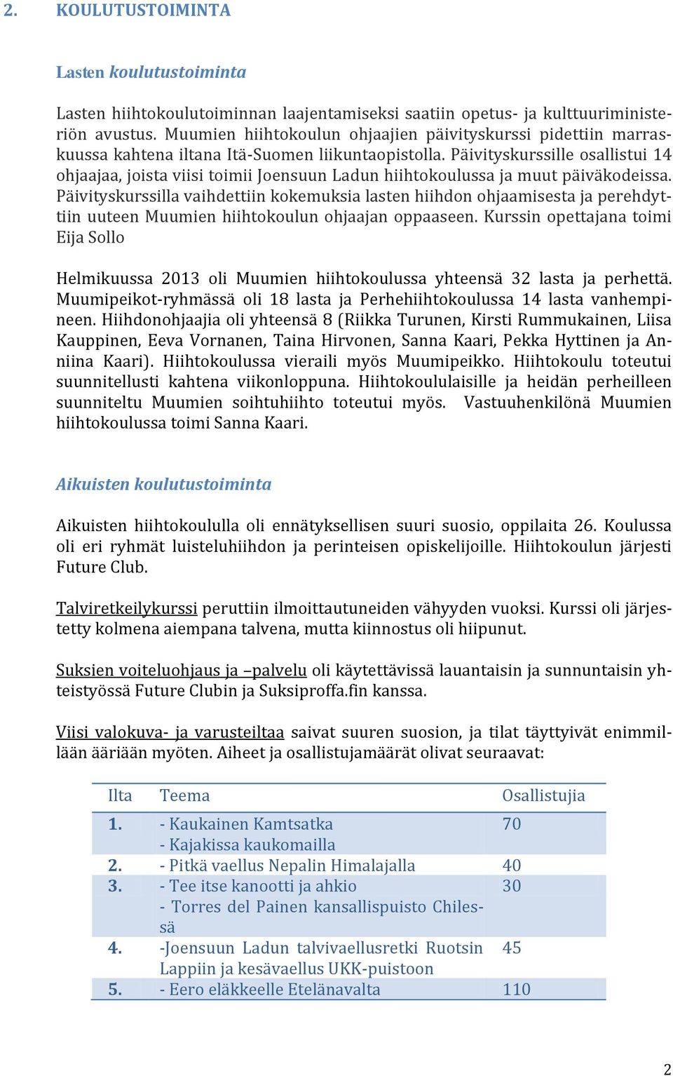 Päivityskurssille osallistui 14 ohjaajaa, joista viisi toimii Joensuun Ladun hiihtokoulussa ja muut päiväkodeissa.