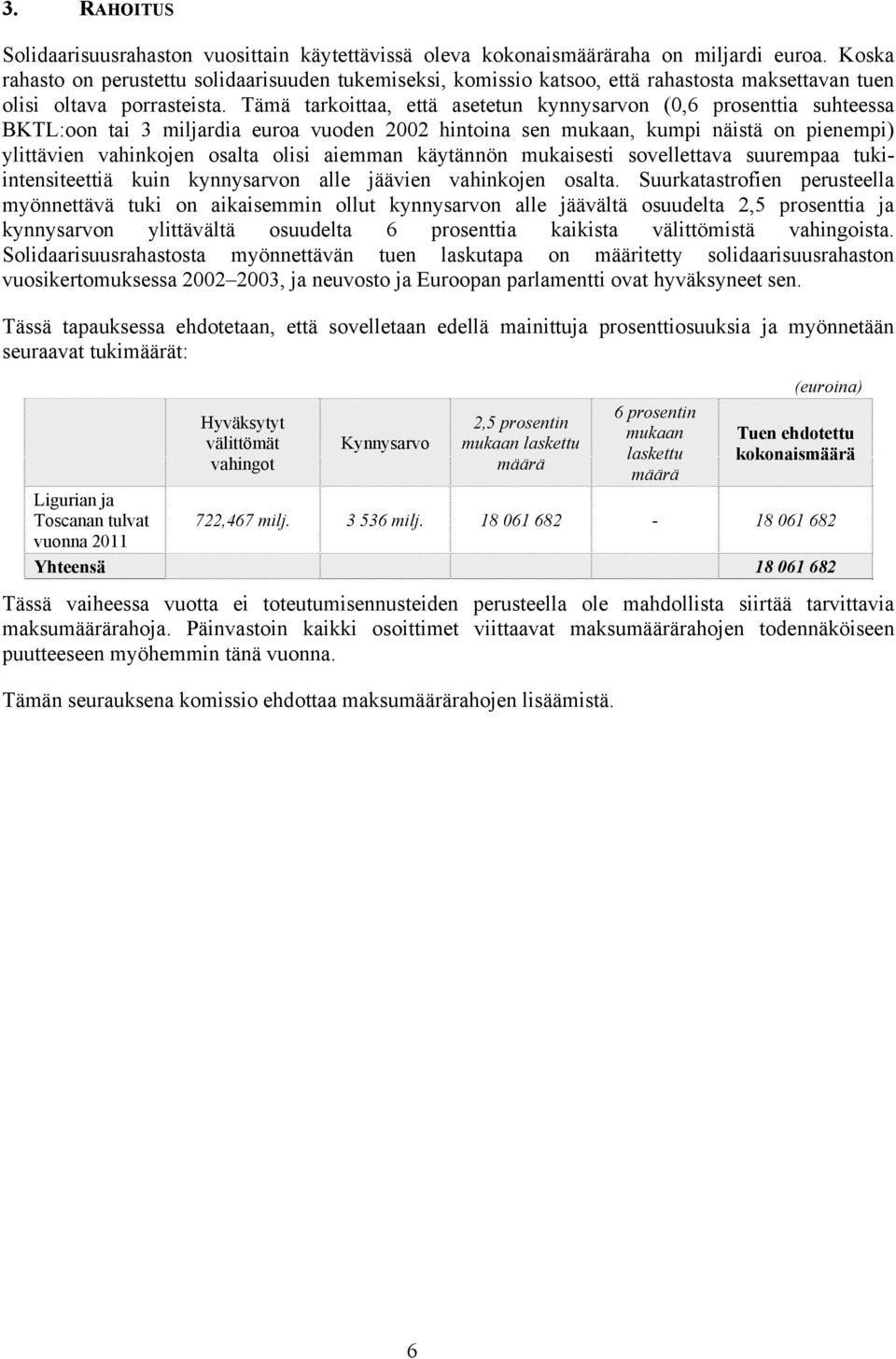 Tämä tarkoittaa, että asetetun kynnysarvon (0,6 prosenttia suhteessa BKTL:oon tai 3 miljardia euroa vuoden 2002 hintoina sen mukaan, kumpi näistä on pienempi) ylittävien vahinkojen osalta olisi