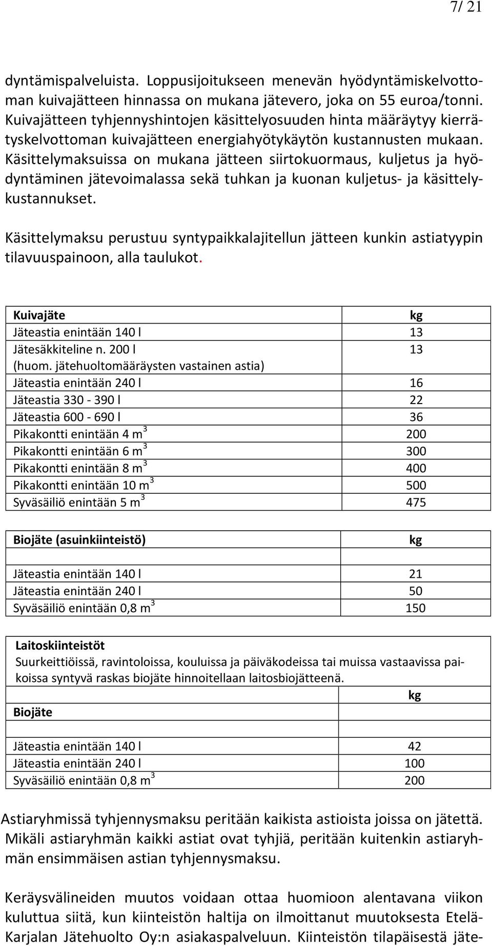 Käsittelymaksuissa on mukana jätteen siirtokuormaus, kuljetus ja hyödyntäminen jätevoimalassa sekä tuhkan ja kuonan kuljetus- ja käsittelykustannukset.