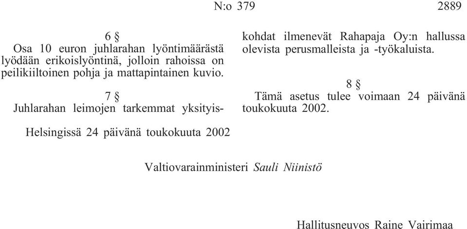 7 Juhlarahan leimojen tarkemmat yksityiskohdat ilmenevät Rahapaja Oy:n hallussa olevista perusmalleista ja