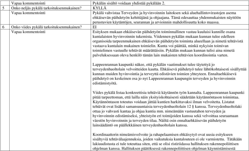 Tämä edesauttaa yhdenmukaisten näyttöön perustuvien käytäntöjen, seurannan ja arvioinnin mahdollisuutta koko maassa. 6 Onko viides pykälä tarkoituksenmukainen?