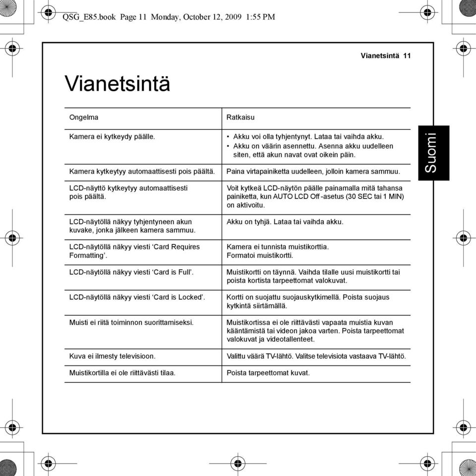 LCD-näyttö kytkeytyy automaattisesti pois päältä. LCD-näytöllä näkyy tyhjentyneen akun kuvake, jonka jälkeen kamera sammuu. LCD-näytöllä näkyy viesti Card Requires Formatting.