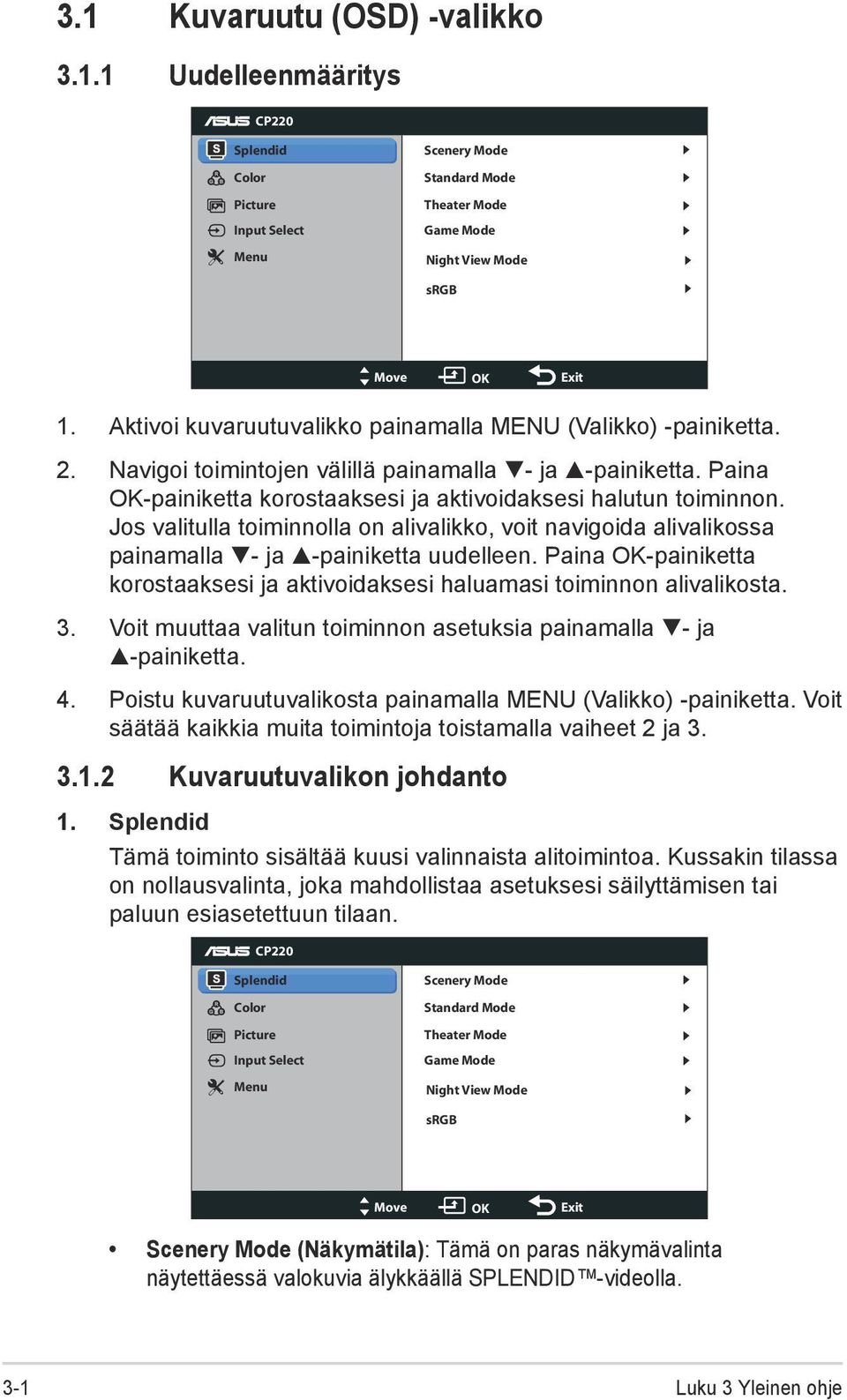 Jos valitulla toiminnolla on alivalikko, voit navigoida alivalikossa painamalla - ja -painiketta uudelleen. Paina OK-painiketta korostaaksesi ja aktivoidaksesi haluamasi toiminnon alivalikosta. 3.