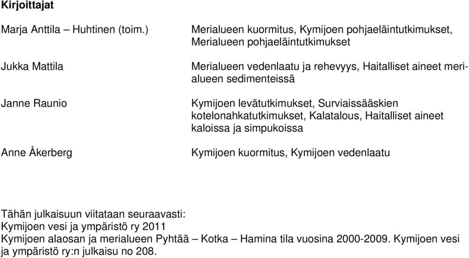 vedenlaatu ja rehevyys, Haitalliset aineet merialueen sedimenteissä Kymijoen levätutkimukset, Surviaissääskien kotelonahkatutkimukset, Kalatalous,