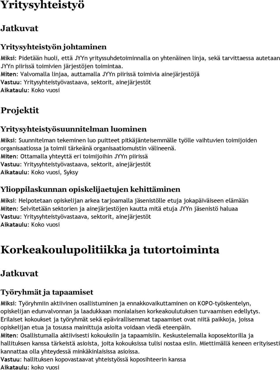 Miten: Valvomalla linjaa, auttamalla JYYn piirissä toimivia ainejärjestöjä Vastuu: Yritysyhteistyövastaava, sektorit, ainejärjestöt Projektit Yritysyhteistyösuunnitelman luominen Miksi: Suunnitelman