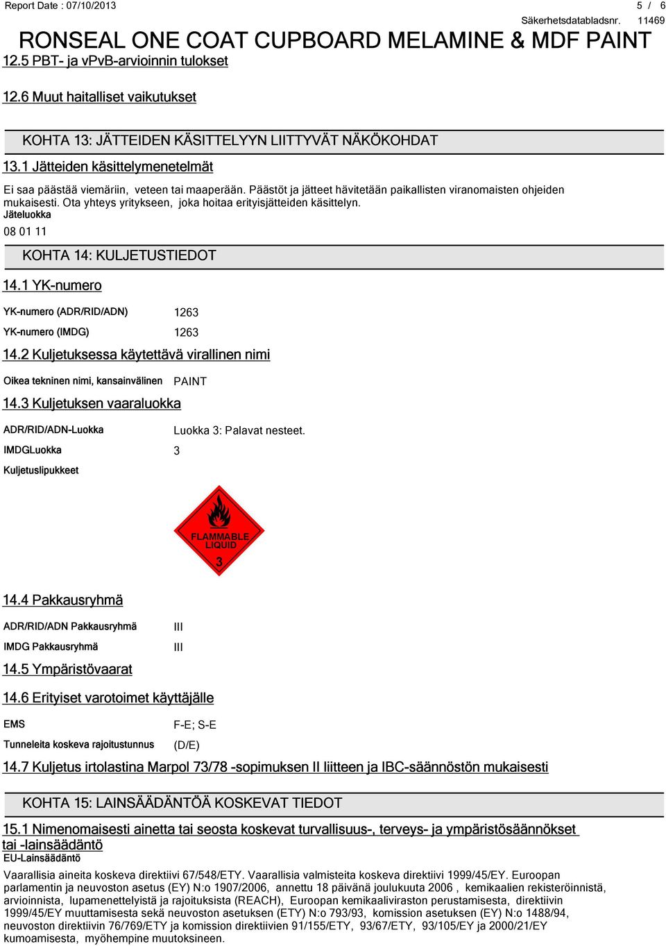 Ota yhteys yritykseen, joka hoitaa erityisjätteiden käsittelyn. Jäteluokka 08 01 11 KOHTA 14: KULJETUSTIEDOT 14.1 YK-numero YK-numero (ADR/RID/ADN) 1263 YK-numero (IMDG) 1263 14.