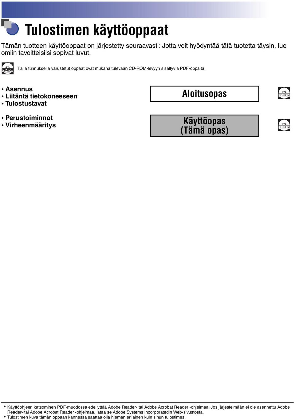 Asennus Liitäntä tietokoneeseen Tulostustavat Perustoiminnot Virheenmääritys Aloitusopas Käyttöopas (Tämä opas) CD-ROM CD-ROM Käyttöohjeen katsominen PDF-muodossa edellyttää Adobe