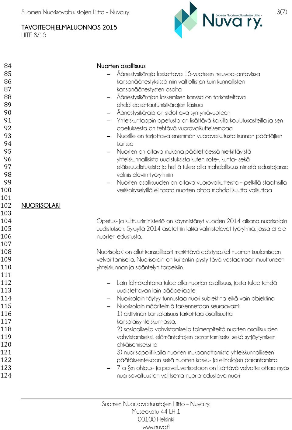 ehdolleasettautumisikärajan laskua Äänestysikäraja on sidottava syntymävuoteen Yhteiskuntaopin opetusta on lisättävä kaikilla koulutusasteilla ja sen opetuksesta on tehtävä vuorovaikutteisempaa