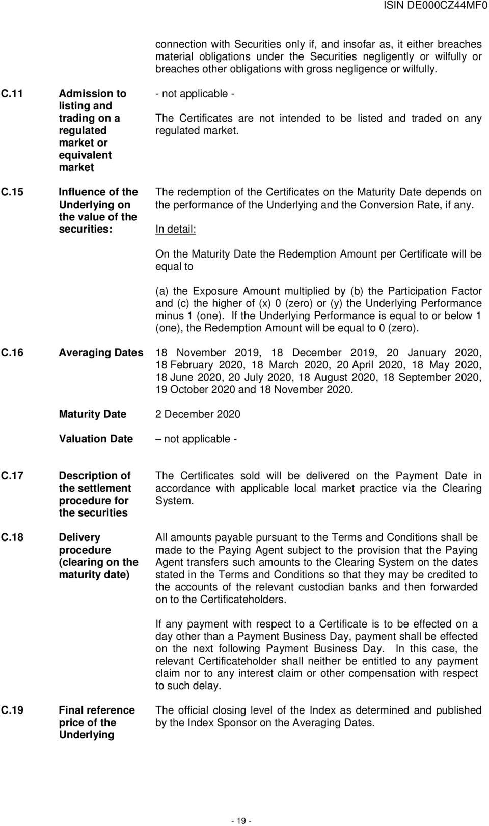 15 Influence of the Underlying on the value of the securities: - not applicable - The Certificates are not intended to be listed and traded on any regulated market.