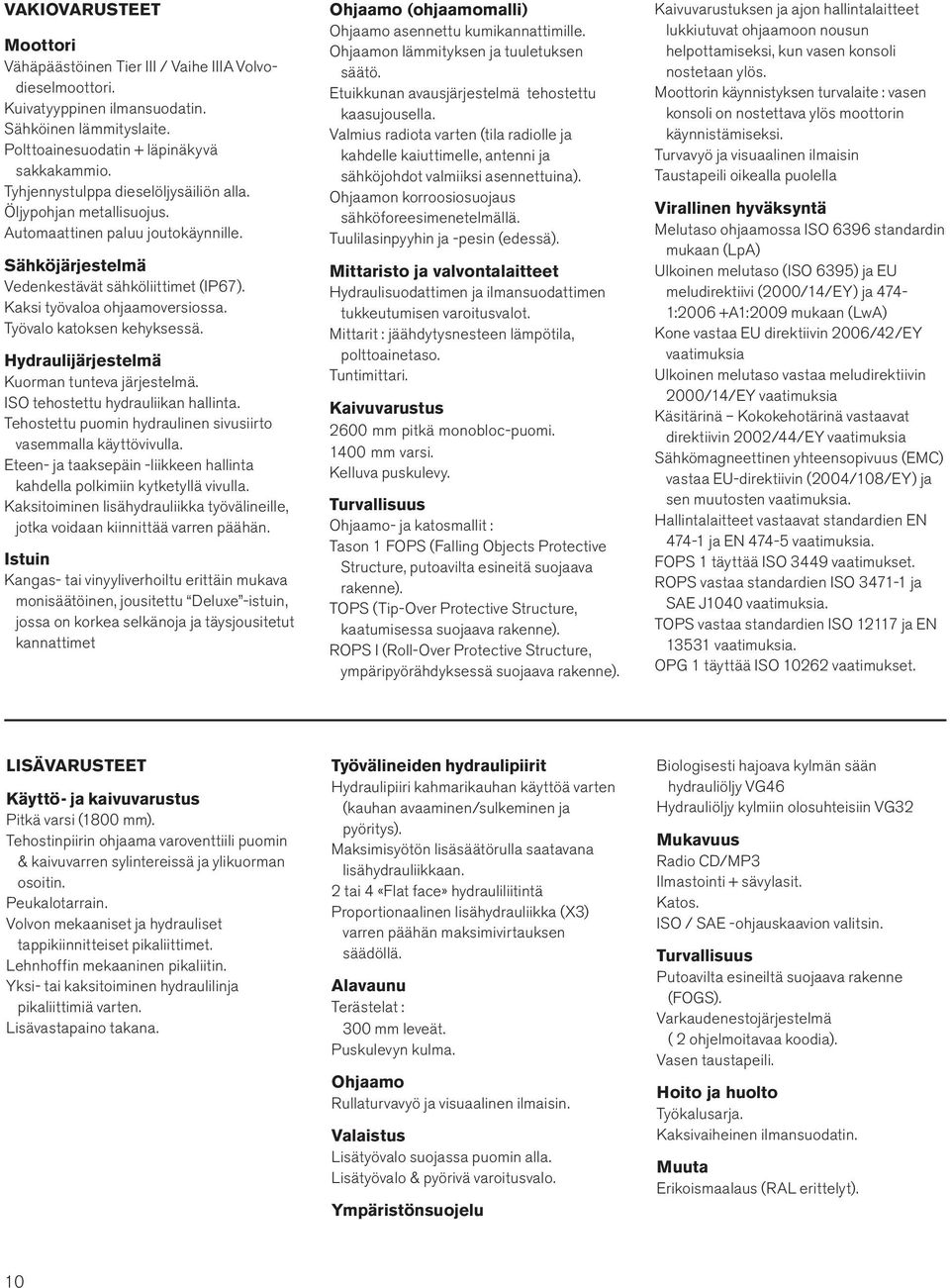 Työvalo katoksen kehyksessä. Hydraulijärjestelmä Kuorman tunteva järjestelmä. ISO tehostettu hydrauliikan hallinta. Tehostettu puomin hydraulinen sivusiirto vasemmalla käyttövivulla.