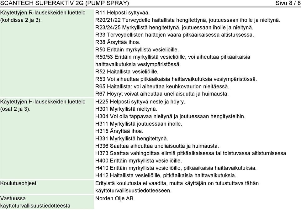 R23/24/25 Myrkyllistä hengitettynä, joutuessaan iholle ja nieltynä. R33 Terveydellisten haittojen vaara pitkäaikaisessa altistuksessa. R38 Ärsyttää ihoa. R50 Erittäin myrkyllistä vesieliöille.