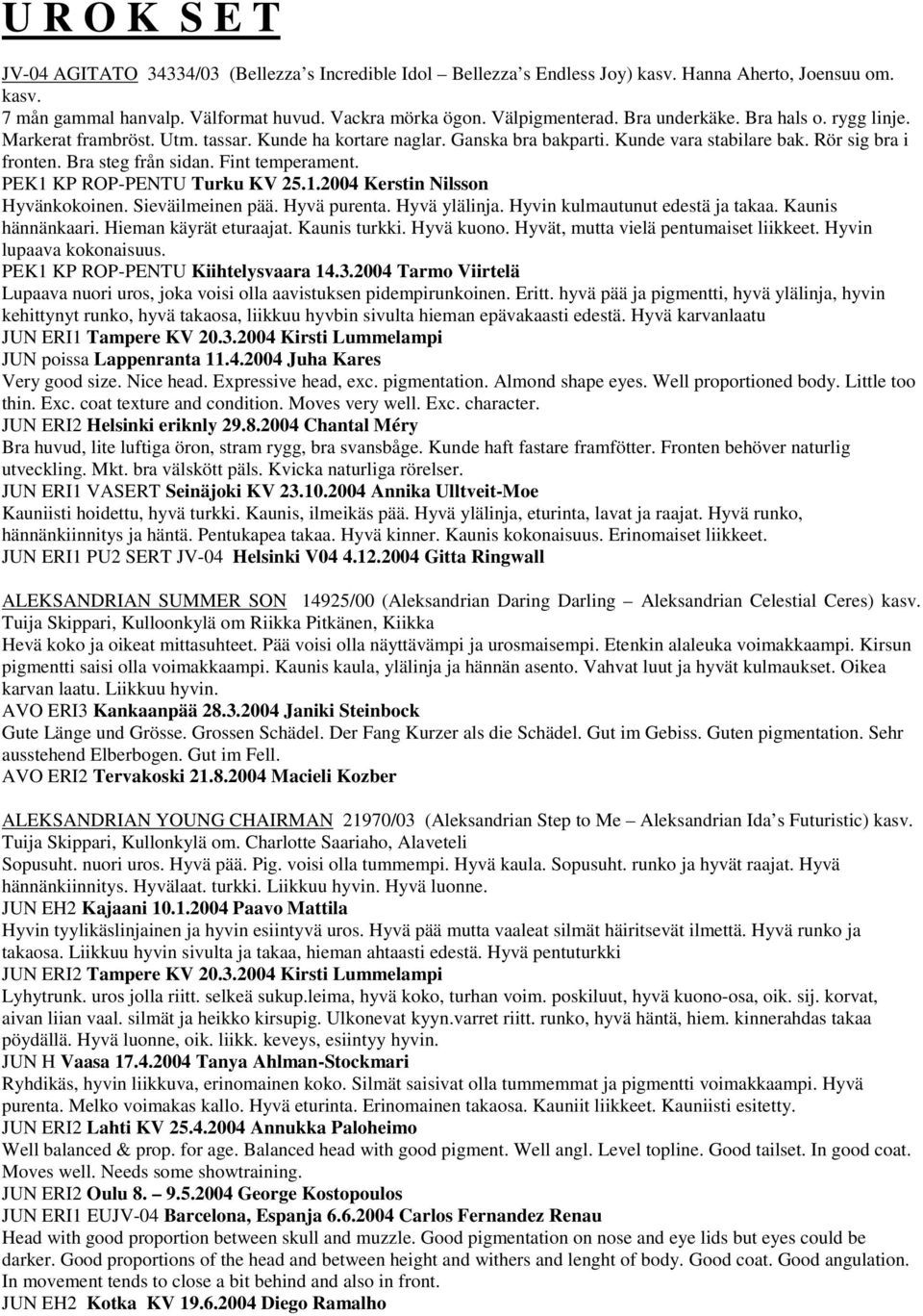 Fint temperament. PEK1 KP ROP-PENTU Turku KV 25.1.2004 Kerstin Nilsson Hyvänkokoinen. Sieväilmeinen pää. Hyvä purenta. Hyvä ylälinja. Hyvin kulmautunut edestä ja takaa. Kaunis hännänkaari.