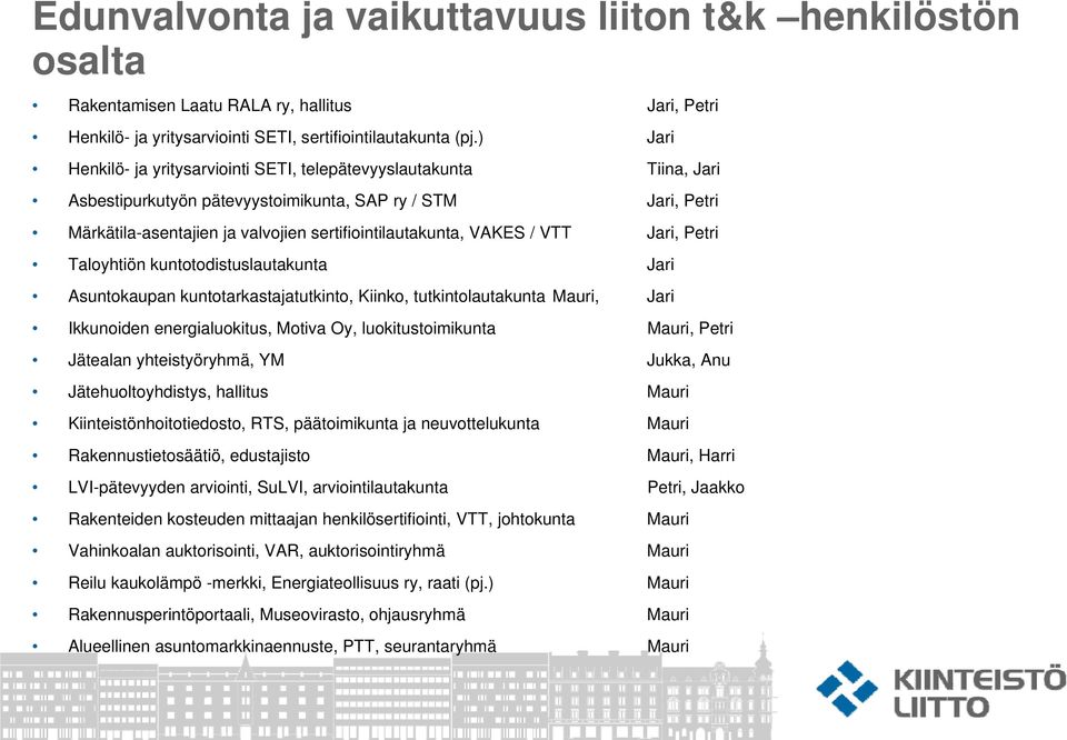 VAKES / VTT Jari, Petri Taloyhtiön kuntotodistuslautakunta Jari Asuntokaupan kuntotarkastajatutkinto, Kiinko, tutkintolautakunta Mauri, Jari Ikkunoiden energialuokitus, Motiva Oy, luokitustoimikunta