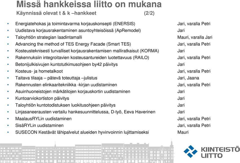 malliratkaisut (KORMA) Jari Rakennuksiin integroitavien kosteusantureiden luotettavuus (RAILO) Jari, varalla Petri Betonijulkisivujen kuntotutkimusohjeen by42 päivitys Jari Kosteus- ja hometalkoot