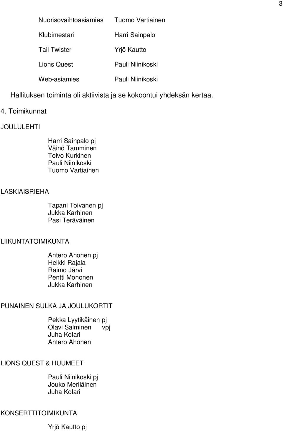 Toimikunnat JOULULEHTI Harri Sainpalo pj Väinö Tamminen Toivo Kurkinen Tuomo Vartiainen LASKIAISRIEHA Tapani Toivanen pj Pasi Teräväinen